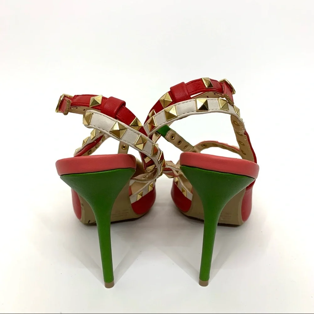 Wild Diva Lounge Red Pink Green White Colorblock Gold Studded T-Strap High Heels